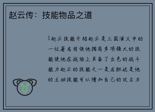 赵云传：技能物品之道